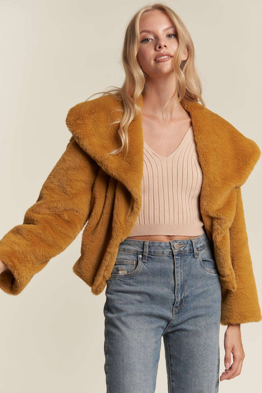 FAUX FUR SNAP CLOSURE ELASTICWAIST LNGSLVE JACKET: MUSTARD / S