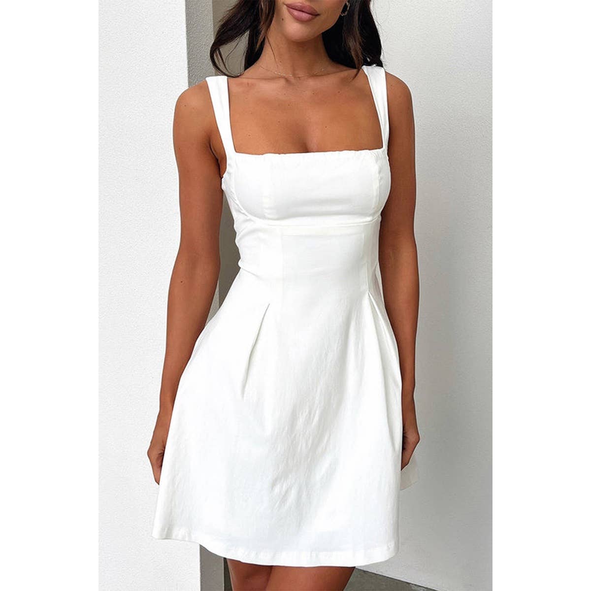 Solid Square Neck Fit Sleeveless Short Dress: WHITE / S