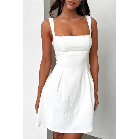Solid Square Neck Fit Sleeveless Short Dress: WHITE / XL