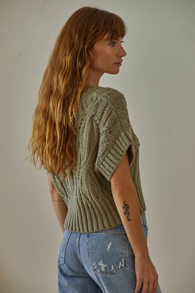 W1124 | Knit Sweater Crochet Round Neck Short Sleeve Top: Olive / Small