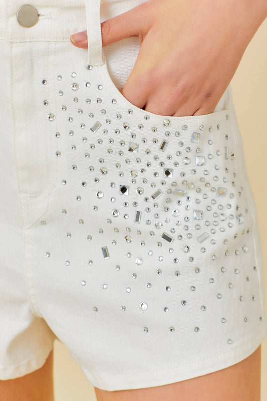 Rhinestone Denim Short: WHITE / L