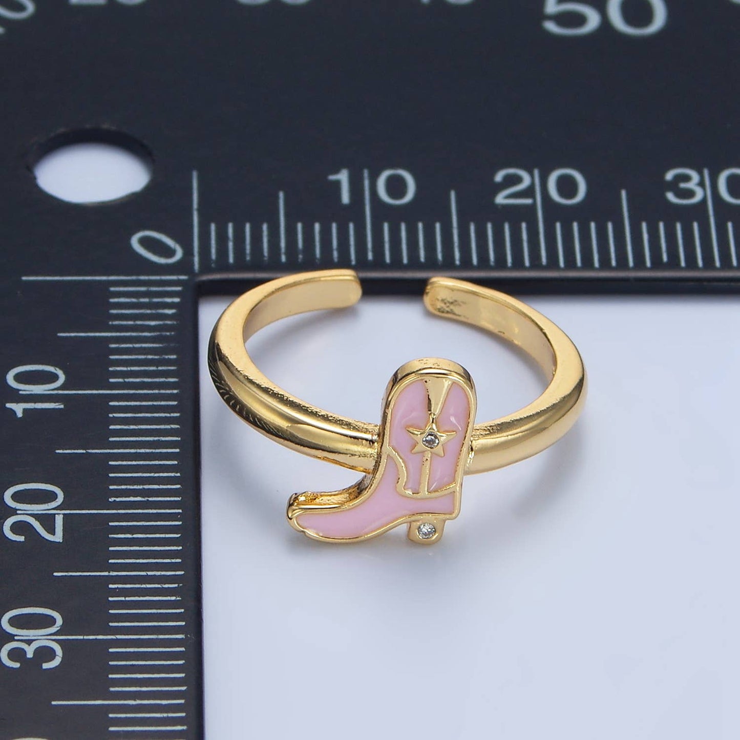 24K Gold Filled CZ Pink Enamel Cowboy Boots Ring  | O979