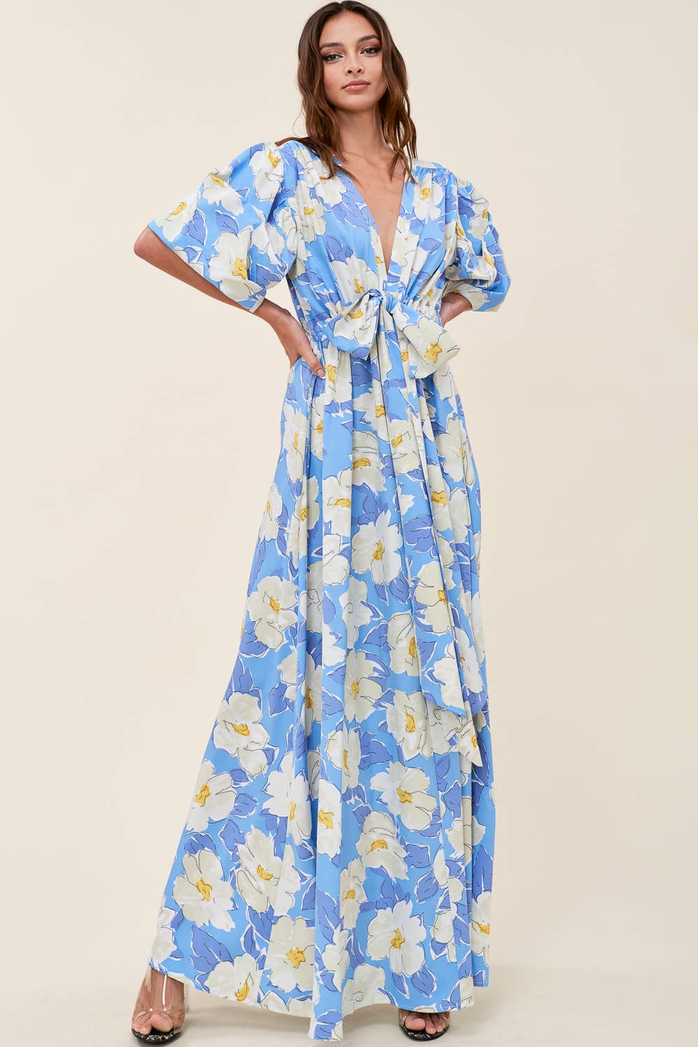 Printed V Neck Maxi Dress - Short Sleeve: PURPLE/LAVENDER