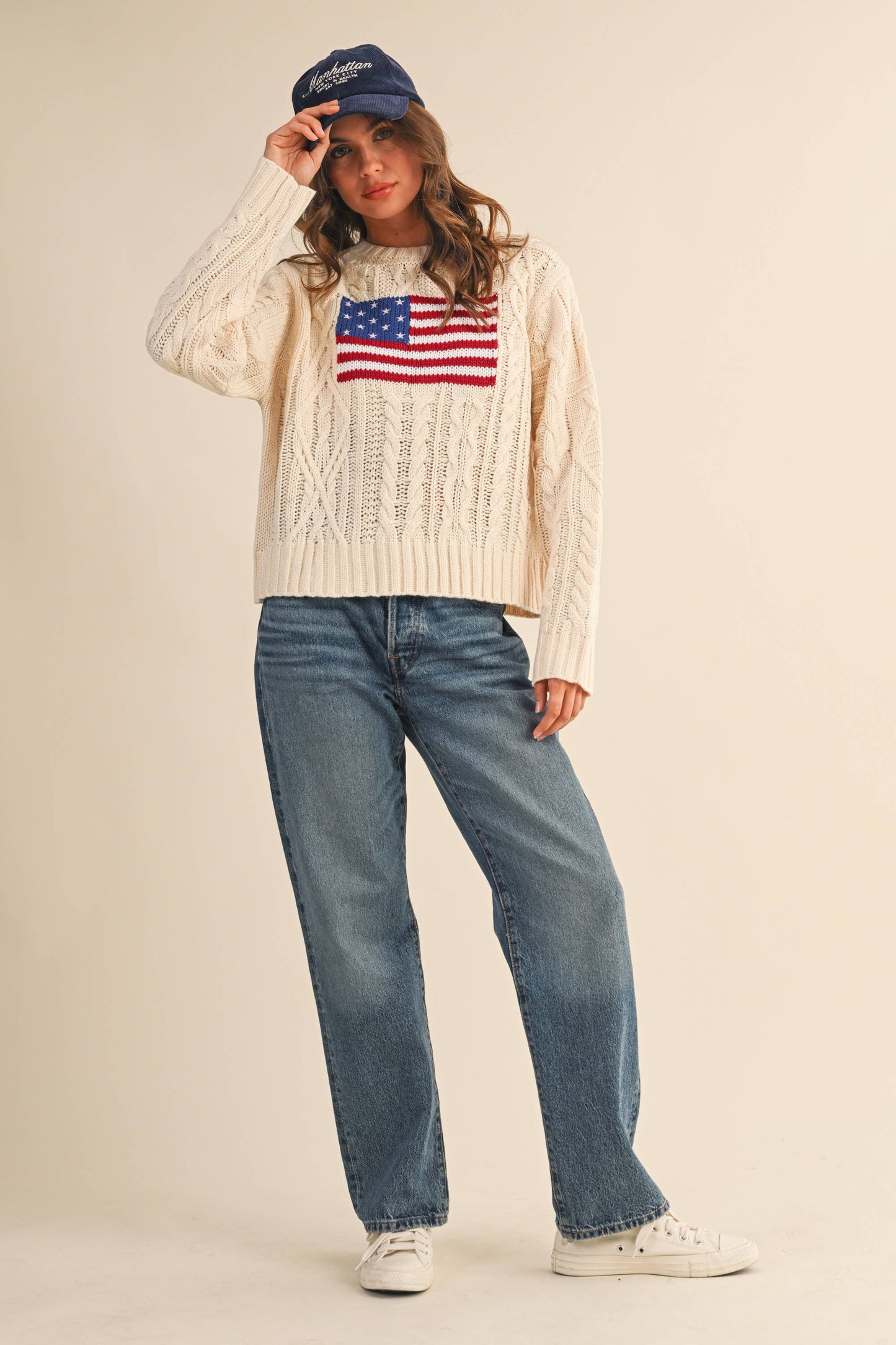 IT4473 USA FLAG CABLE KNIT SWEATER: CREAM / L