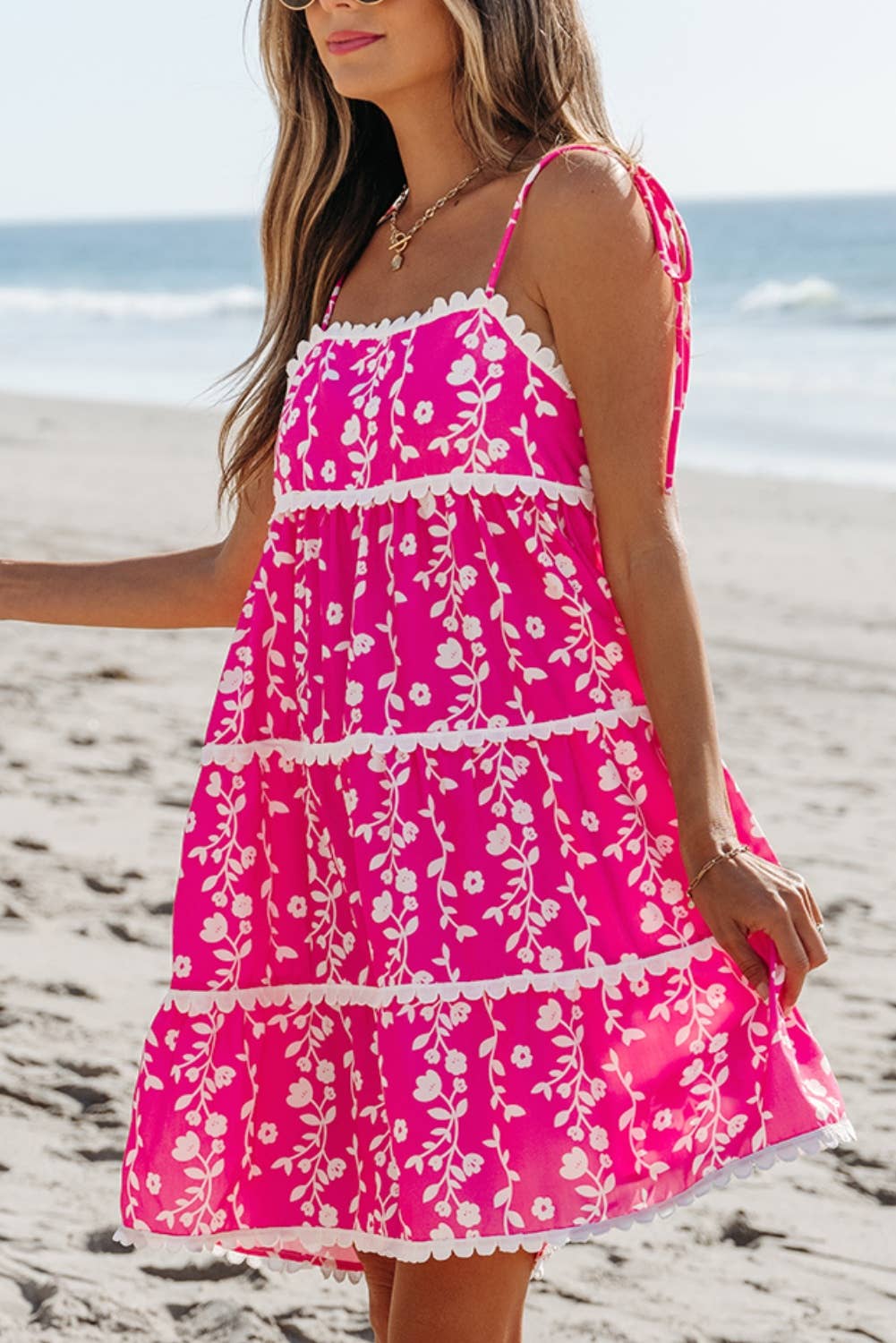 LDC Floral Print Ric Rac Patched Sleeveless Mini Dress: Pink / M