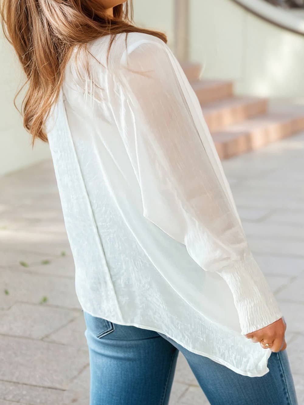 Smocked Cuffs Semi Sheer Long Sleeve Dolman Blouse: White / L