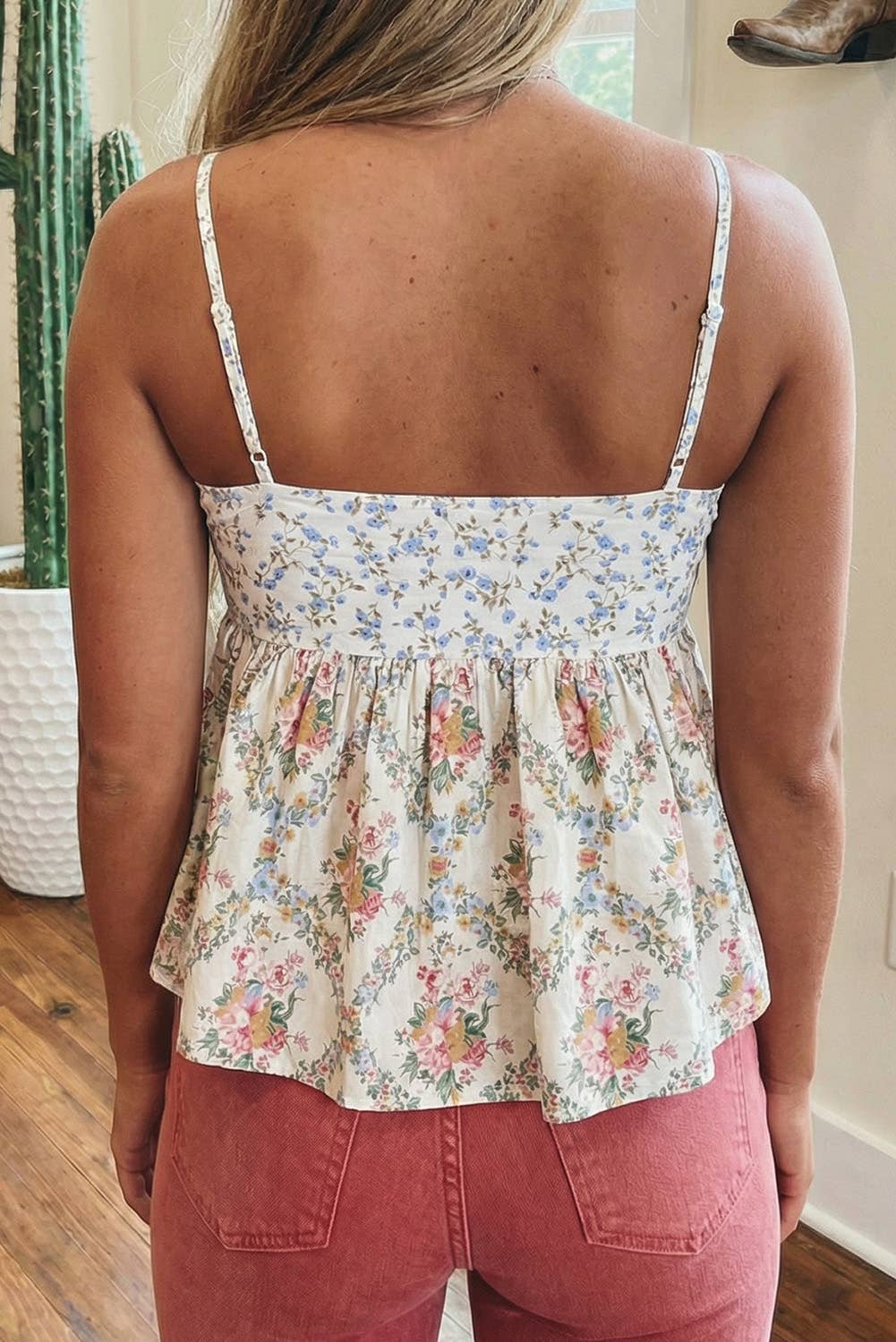 Western Floral Print Patchwork Spaghetti Straps Babydoll Top: White / M