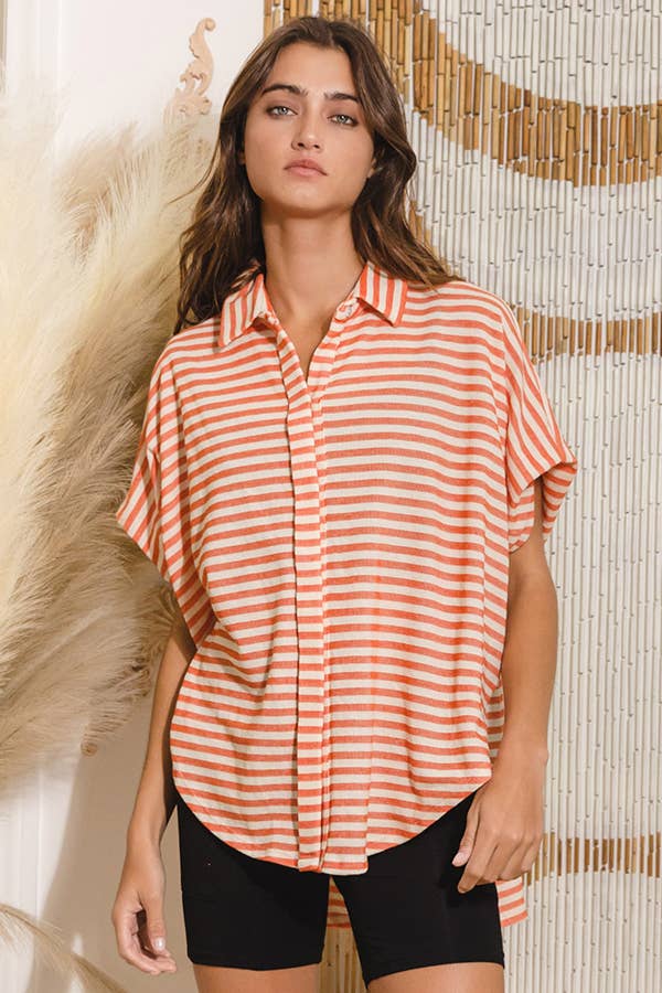 T1702-1C  Short Dolman Sleeve Oversized Stripe Shirt Top: Coral / S-M-L (2-2-2)