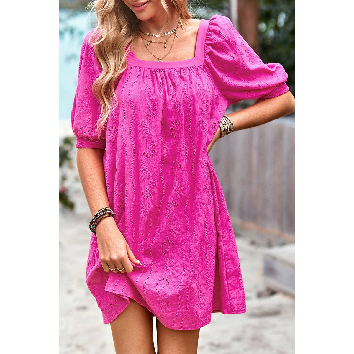 Square Neck Short Bubble Sleeve Babydoll Dress: WHITE / XL