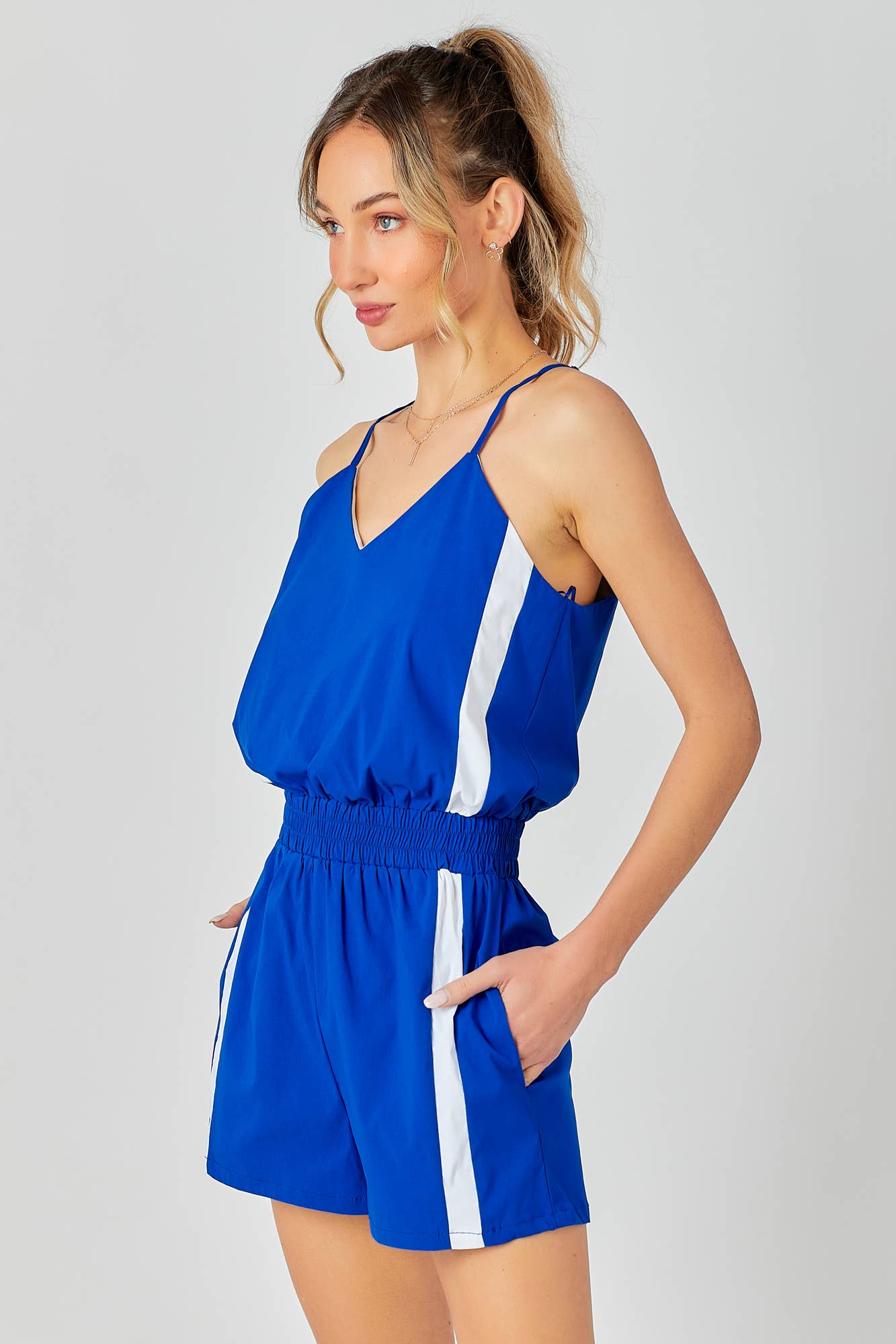 Side Striped Track Romper: ROYAL/WHITE / L