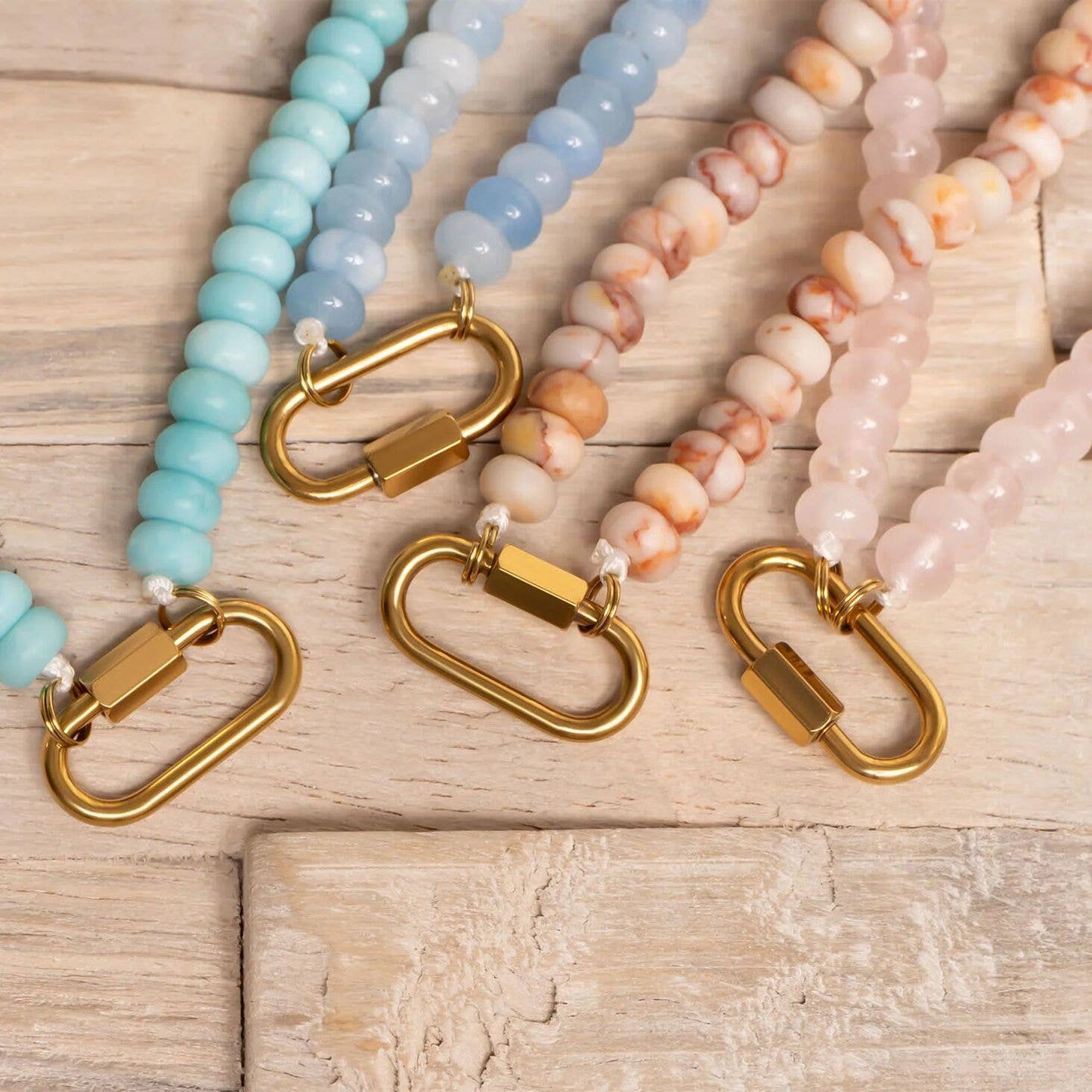Stainless Steel Turquoise Chunky Bead Carabiner Necklace: Gold