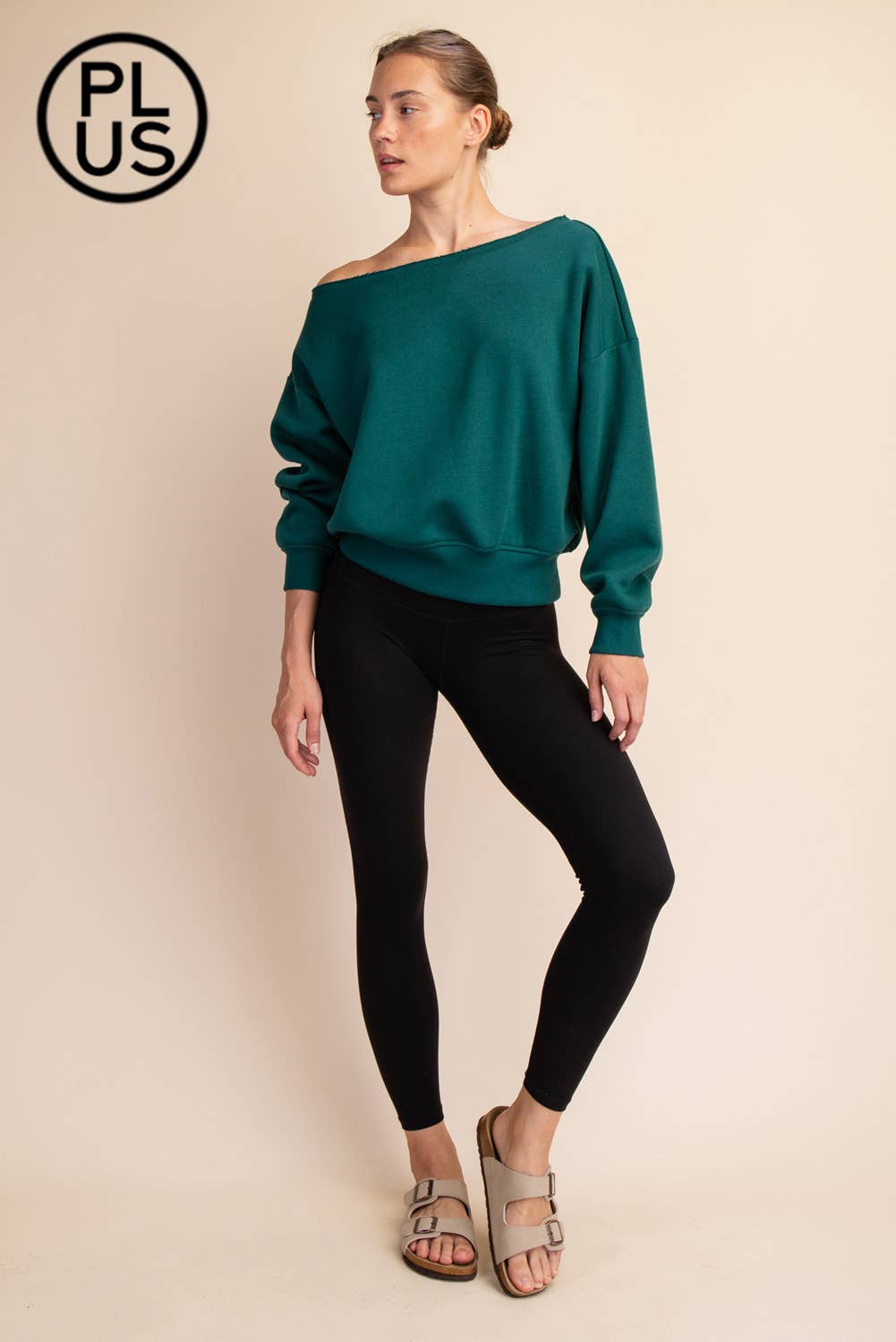 PLUS SIZE FRENCH TERRY FLEECE OFF SHOULDER SWEATSHIRT: Eucalyptus / 1X-2X-3X(3-2-1)