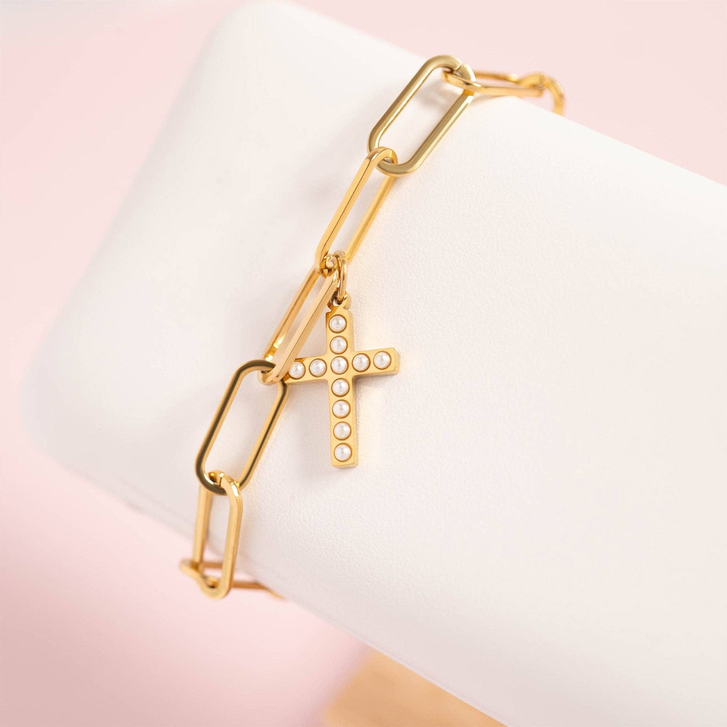 18K Gold PVD Stainless Steel Pearl Beaded Cross Charm: Stainless / 15mm