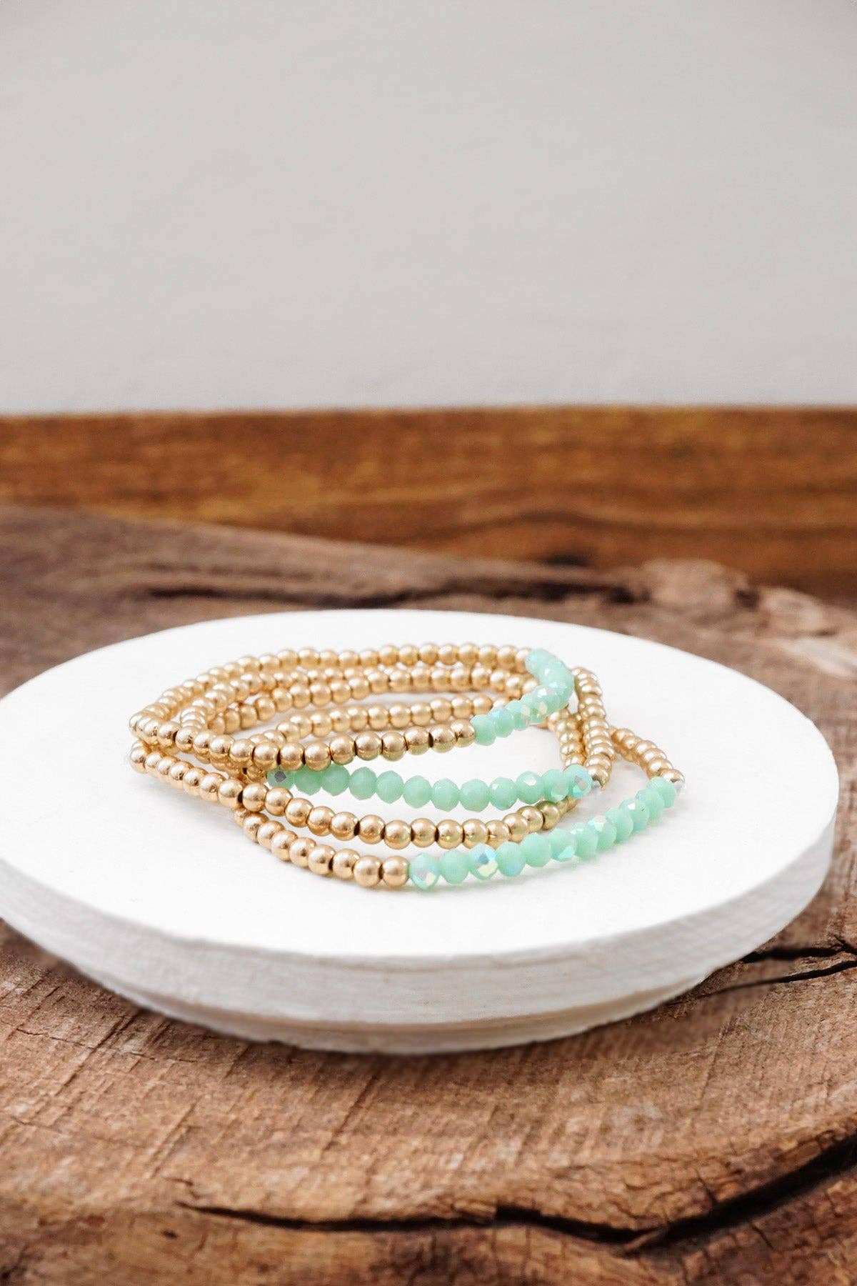 Bracelet stack Small Worn Gold Glass beads Pink Mint Denim: Denim Blue