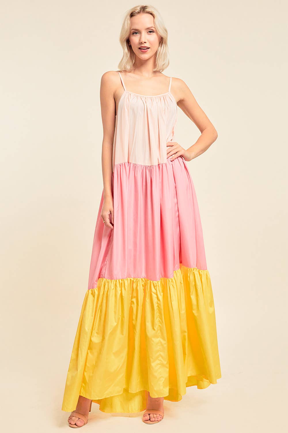 COLOR BLOCK MAXI DRESS WITH POCKETS: YELLOW/PINK