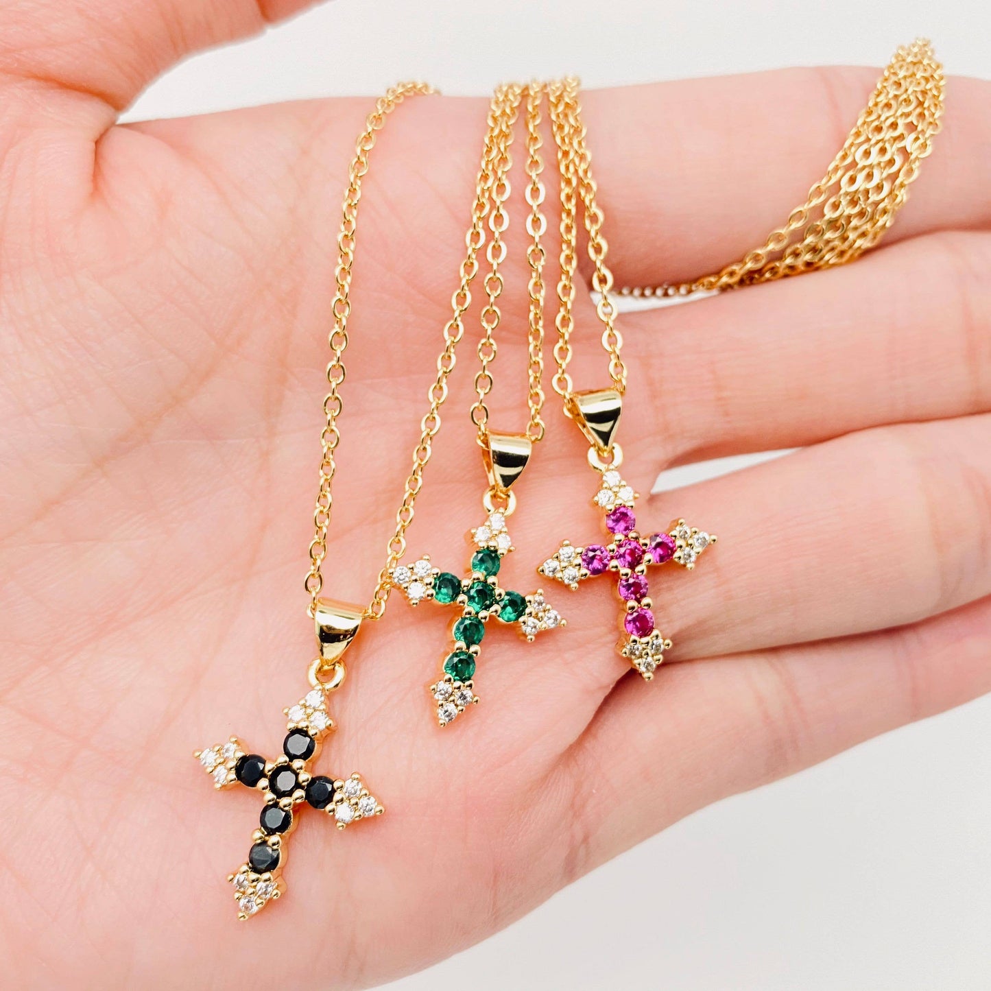 Colorful Cubic Zirconia Cross Pendant Necklace: Pink