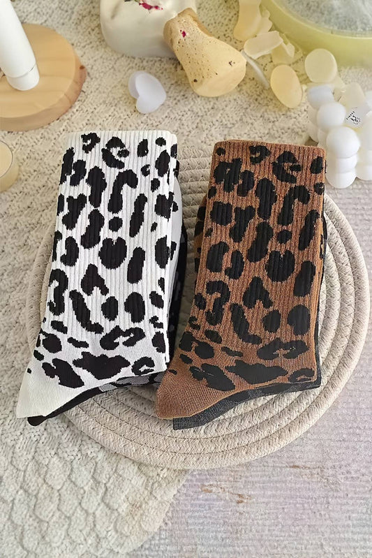 LDC Leopard Print Ribbed Crew Socks: Chestnut