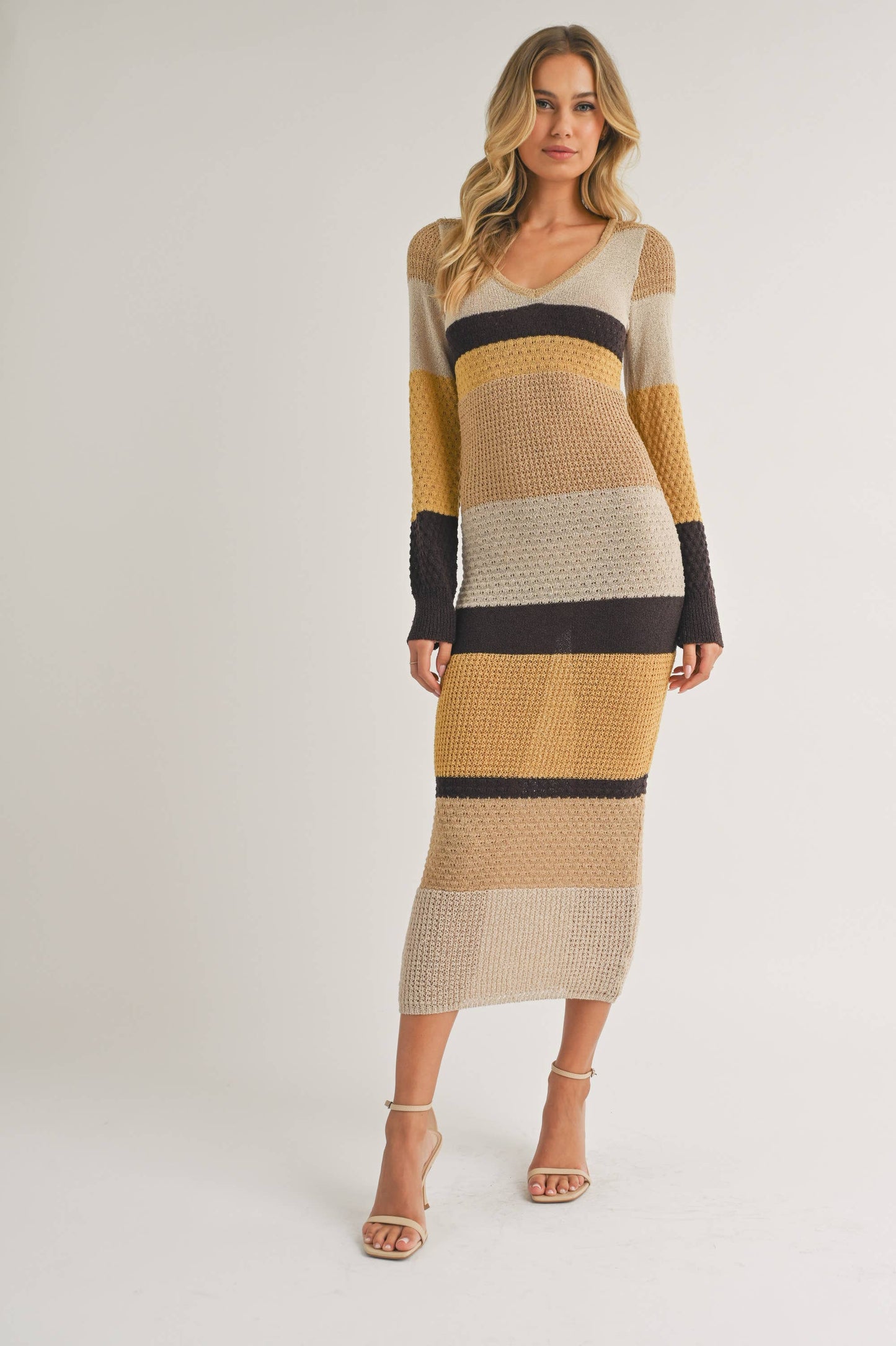 ID7261 - LONG SLEEVE COLORBLOCK SWEATER BODYCON MIDI DRESS: BROWN MULTI / S