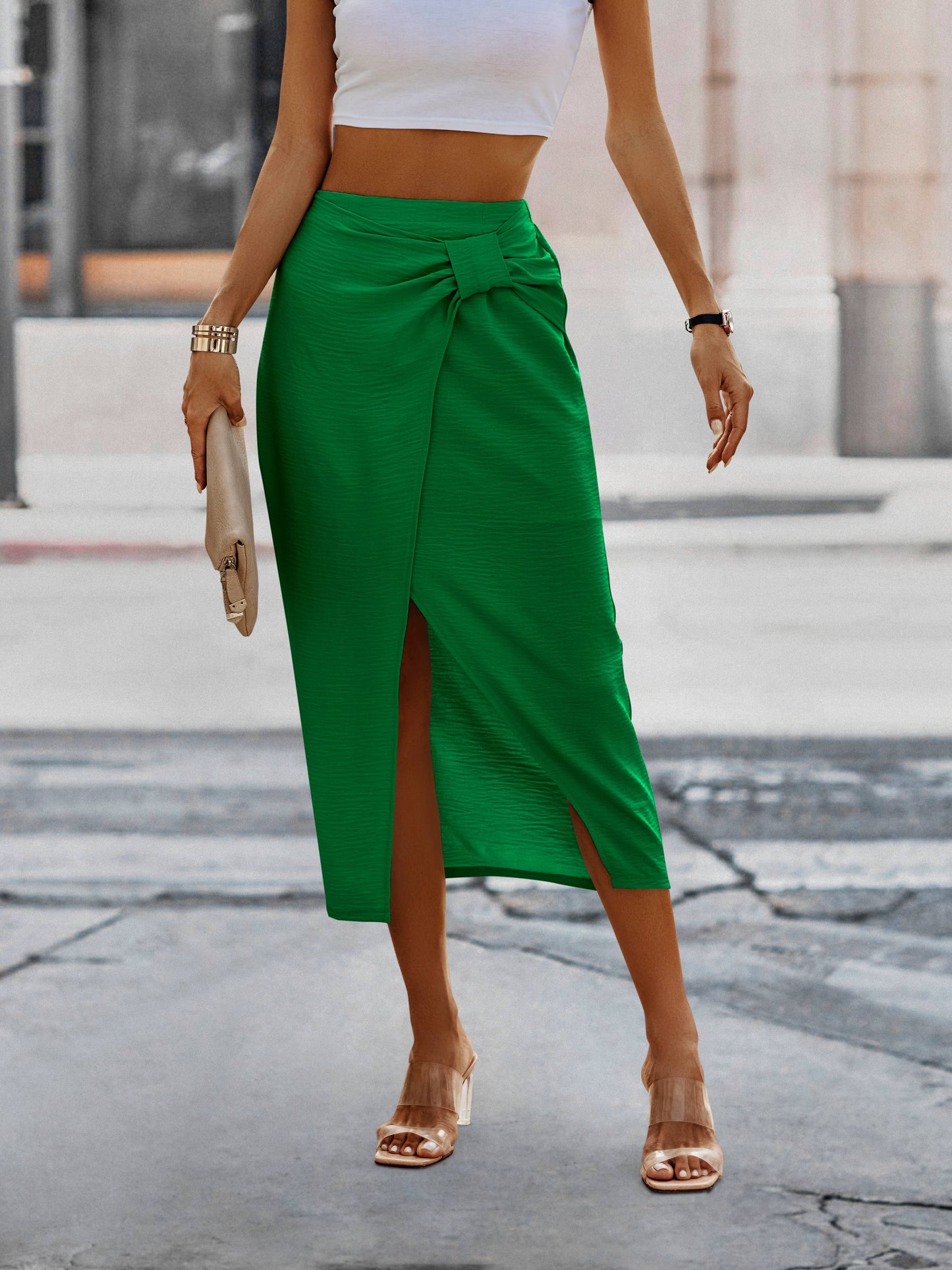 SZ1-SK6025 Front Knot Asymmetrical Tulip Skirt: Clay / M