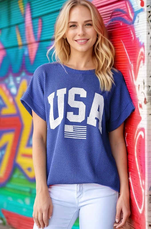 ET7523-11 SOLID RIBBED USA LETTERING TOP: NAVY / 2-2-2 (S-M-L)