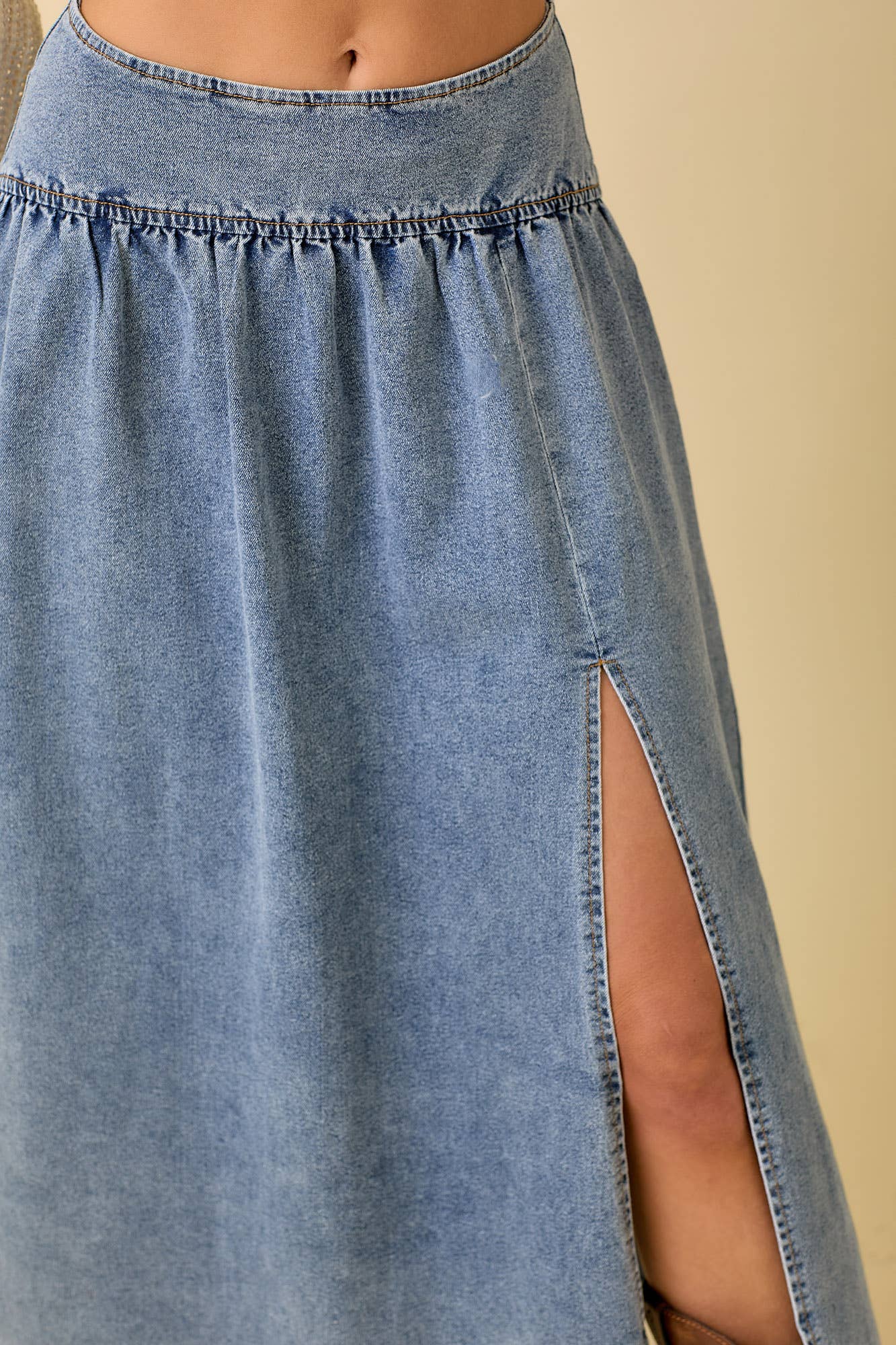 Midi Denim Skirt With Center Thigh Slit: DENIM / S