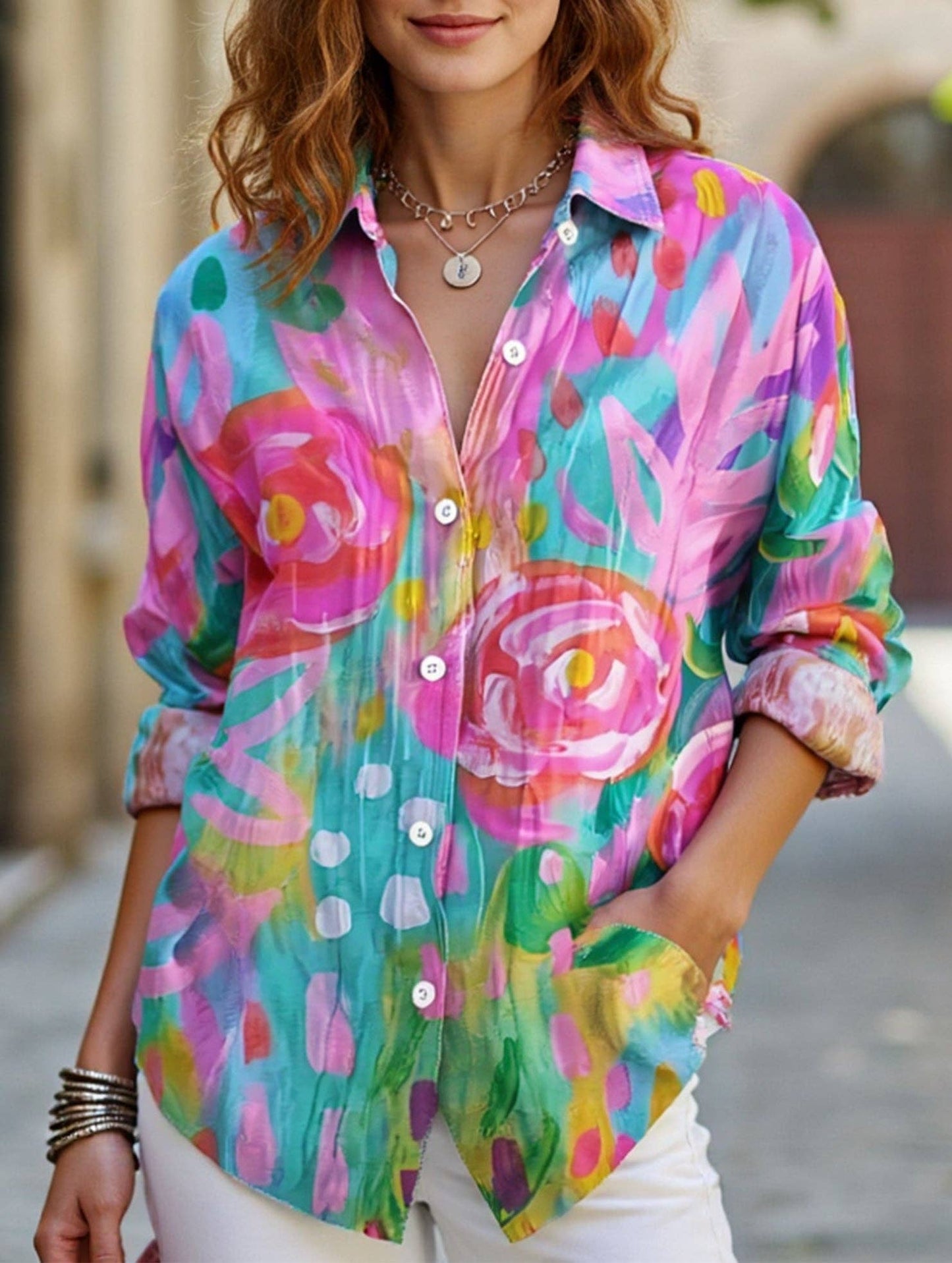 Lapel shirt with floral print cardigan: ROSE / (S) 1