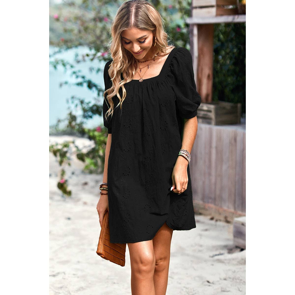 Square Neck Short Bubble Sleeve Babydoll Dress: WHITE / S