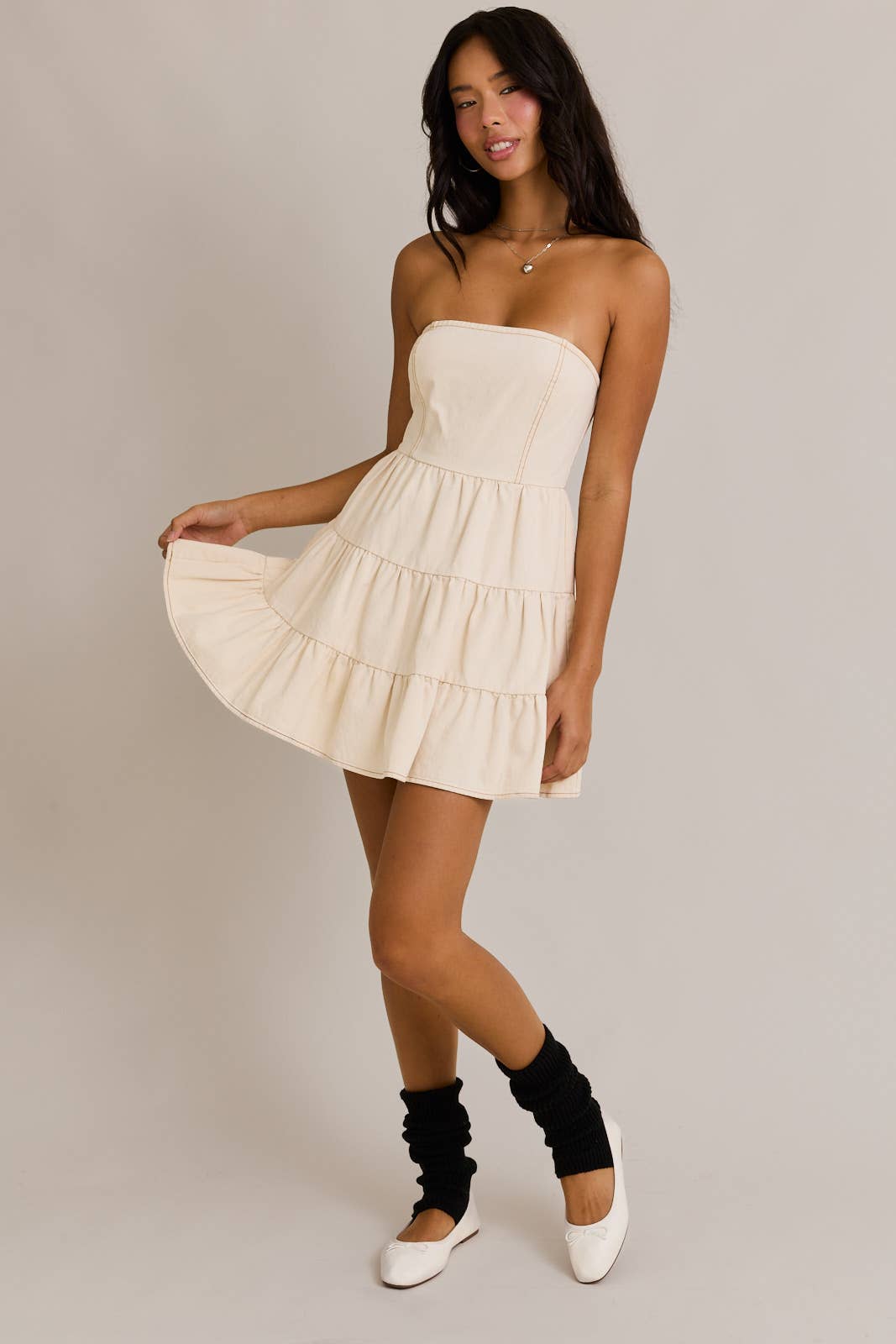 TIERED TUBE DRESS: CREAM / M