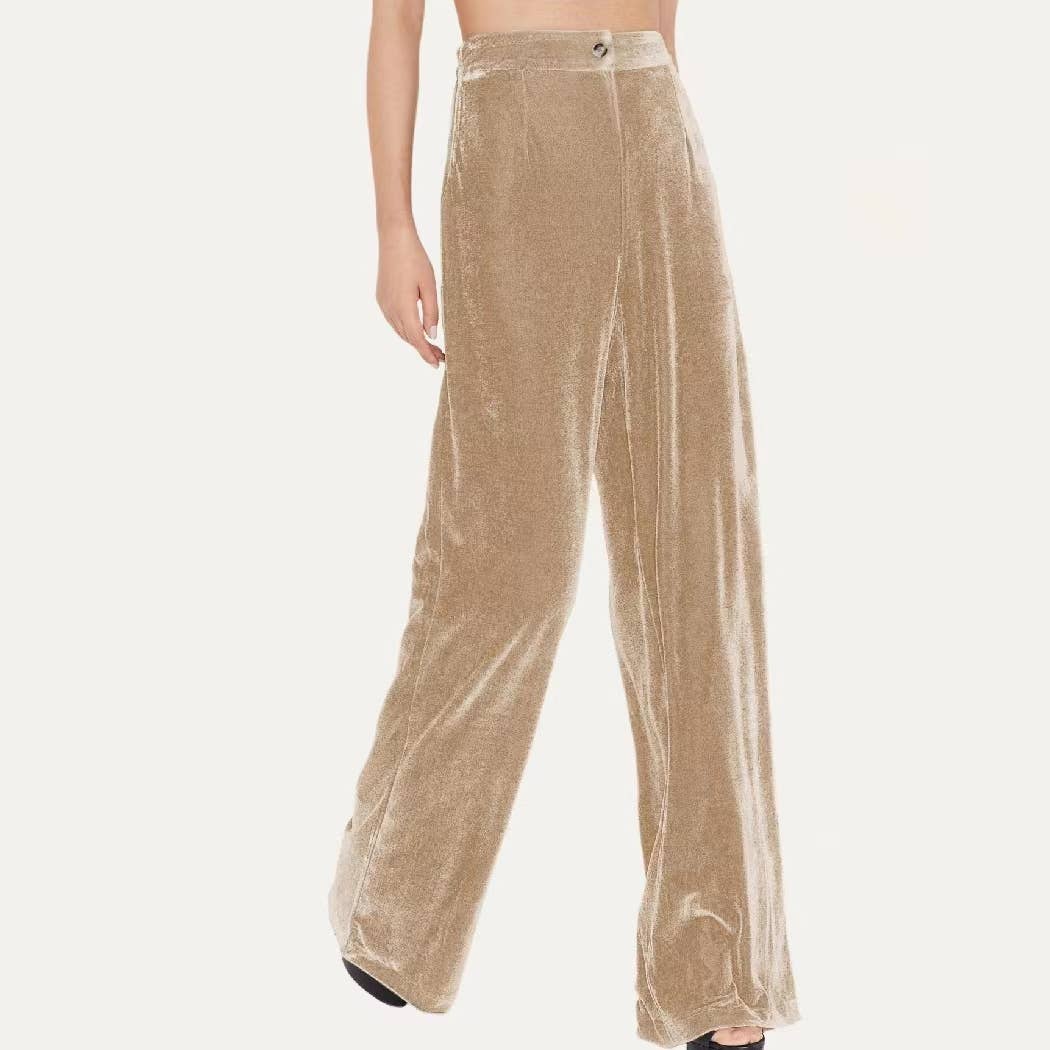 Chic Solid Velvet High-Rise Wide Leg Trouser Pants: Red / XL