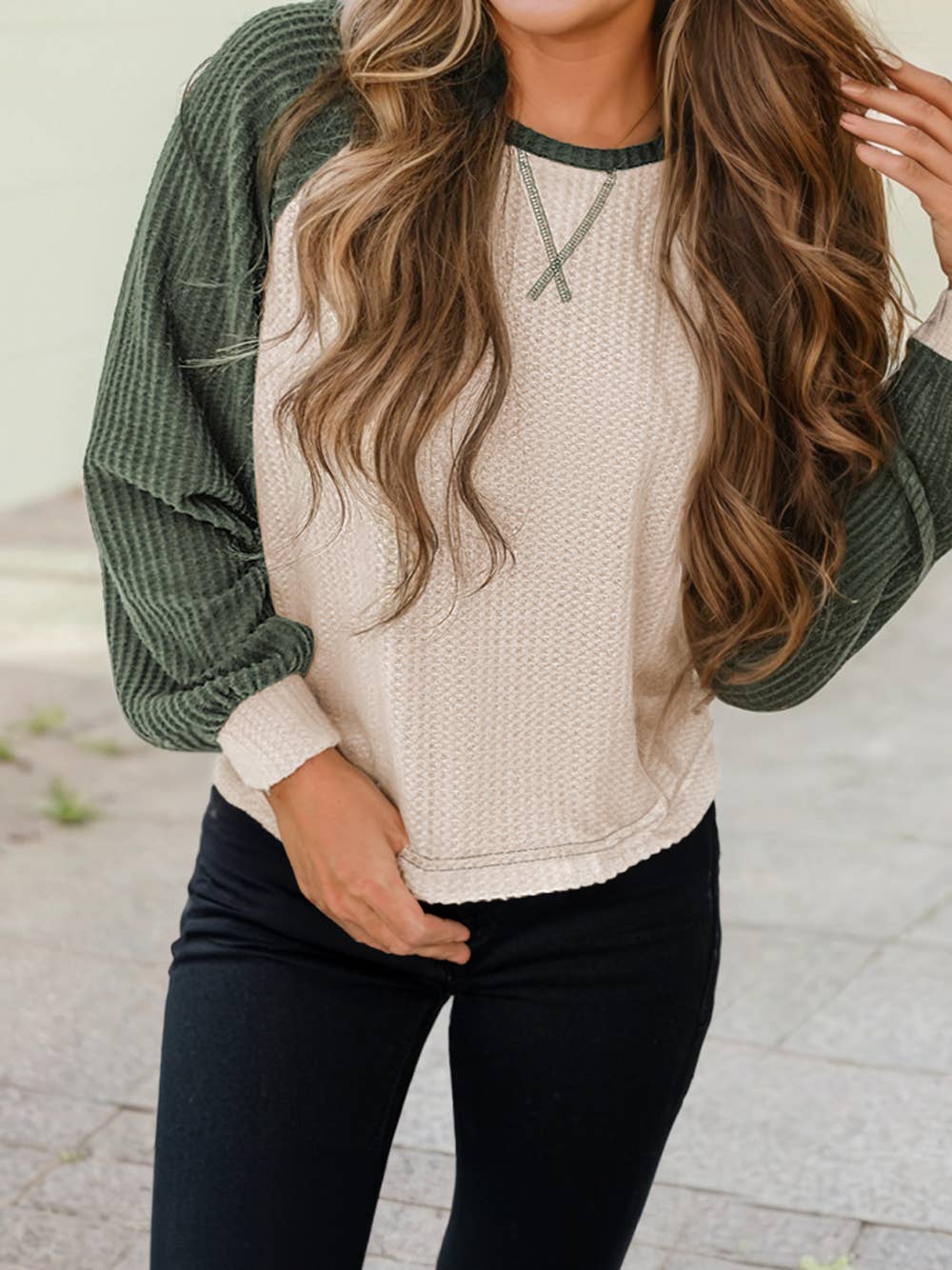 Waffle Color Block Raglan Sleeve Top: Mist Green / Plus-2X