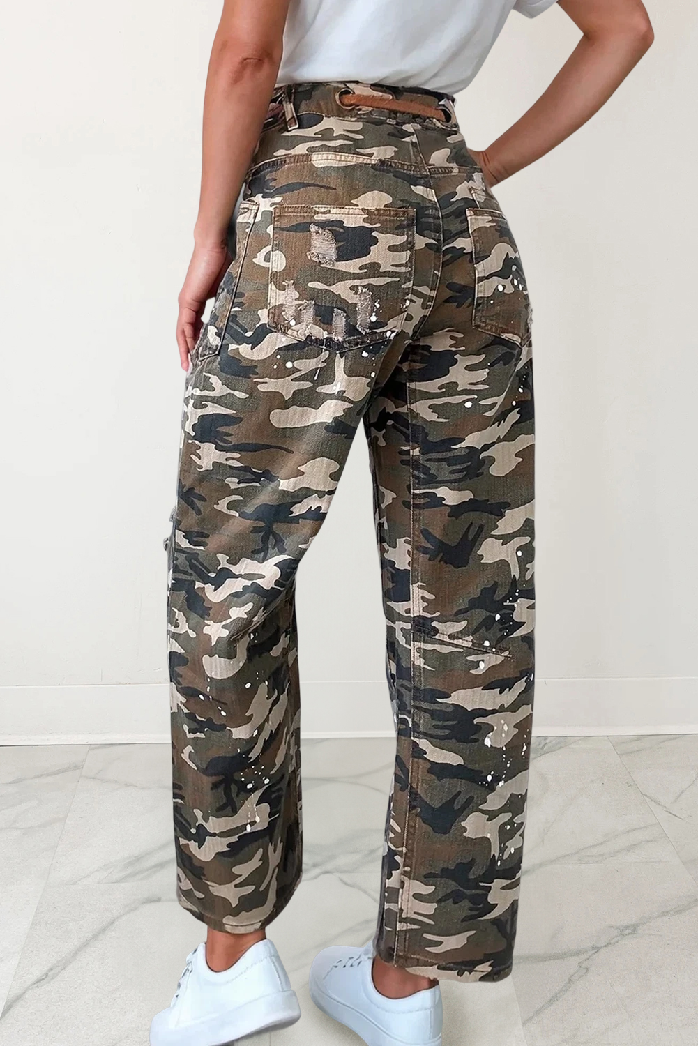 Camo Braided Rope Tie Waist Distressed Pants | 4-16: Green / 10