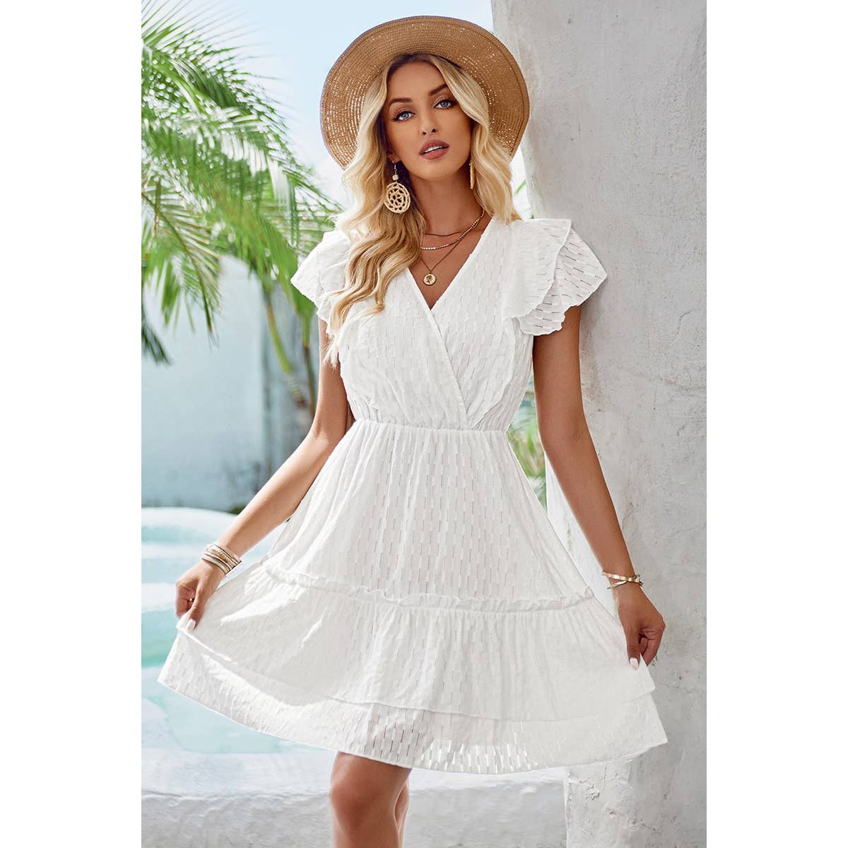 Cut Out Sleeveless Ruffle Trim V Neck Fit Dress: WHITE / XL