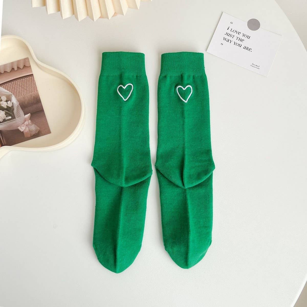 NEW COTTON ALL MATCH EMBROIDERED LOVE HEART SOCKS_CWMS1414: GREEN2 / OS