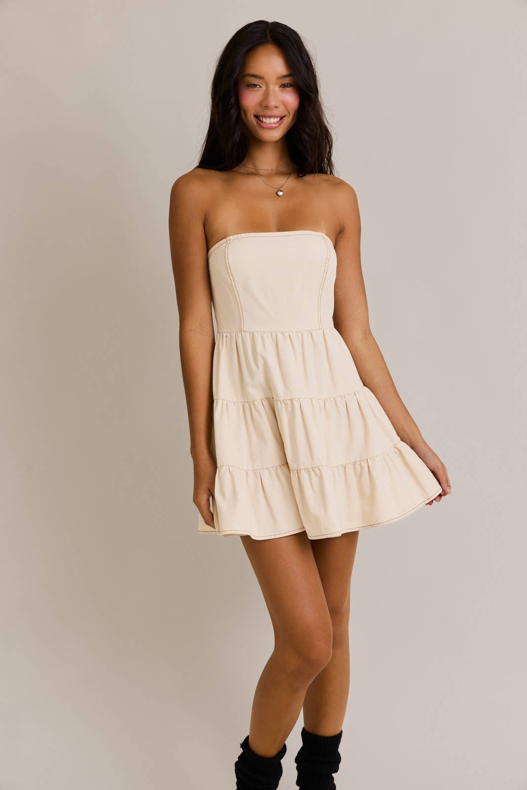 TIERED TUBE DRESS: CREAM / M
