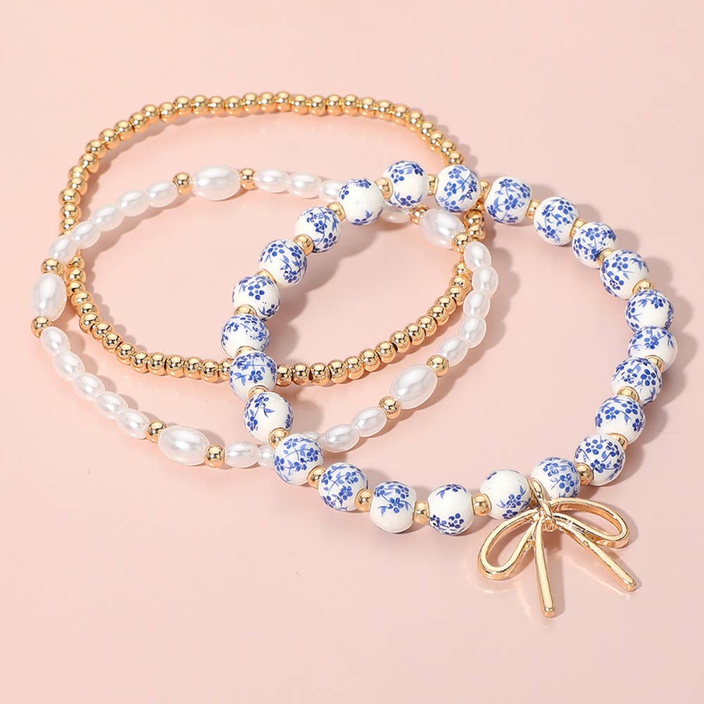 3PCS - Metal Bow Charm Pointed Ceramic Ball Pearl Bracelets