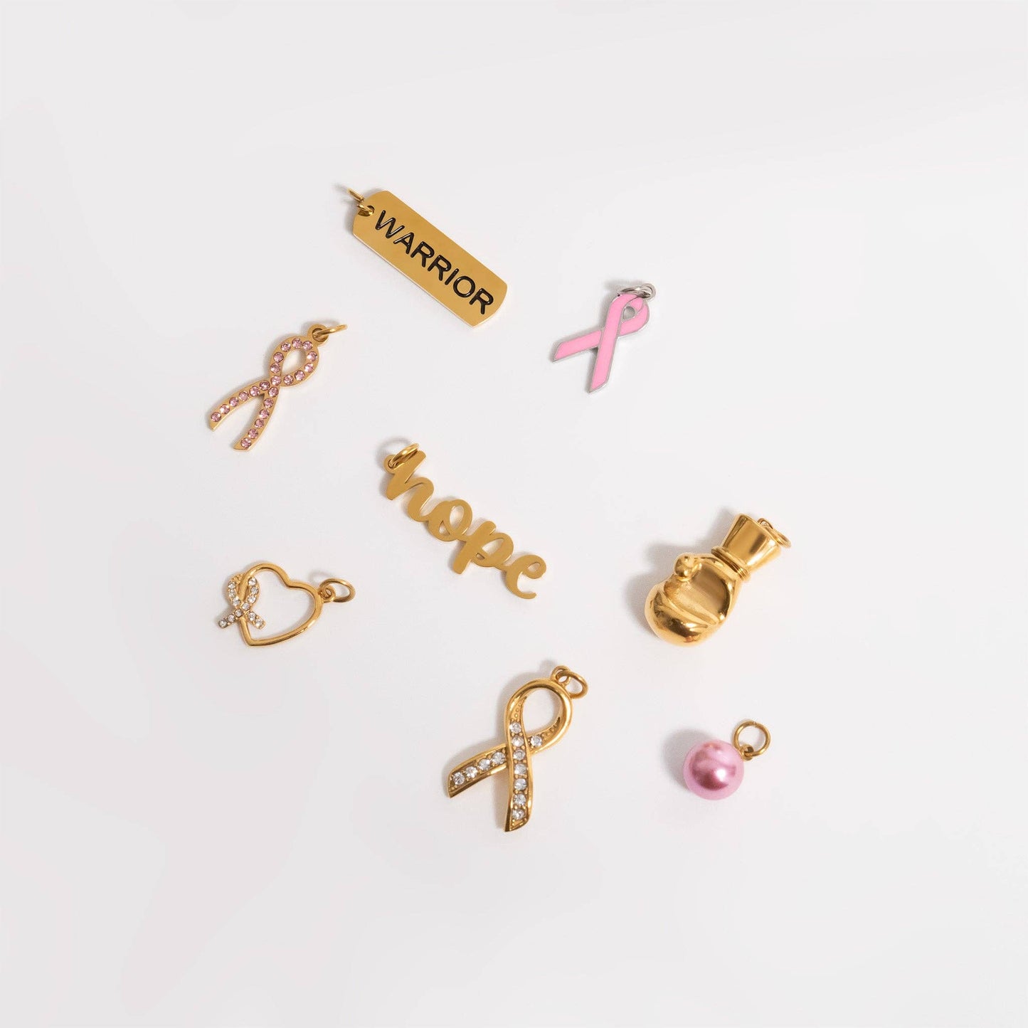 18K Gold PVD Stainless Steel Heart Ribbon with Stones Charm: Gold