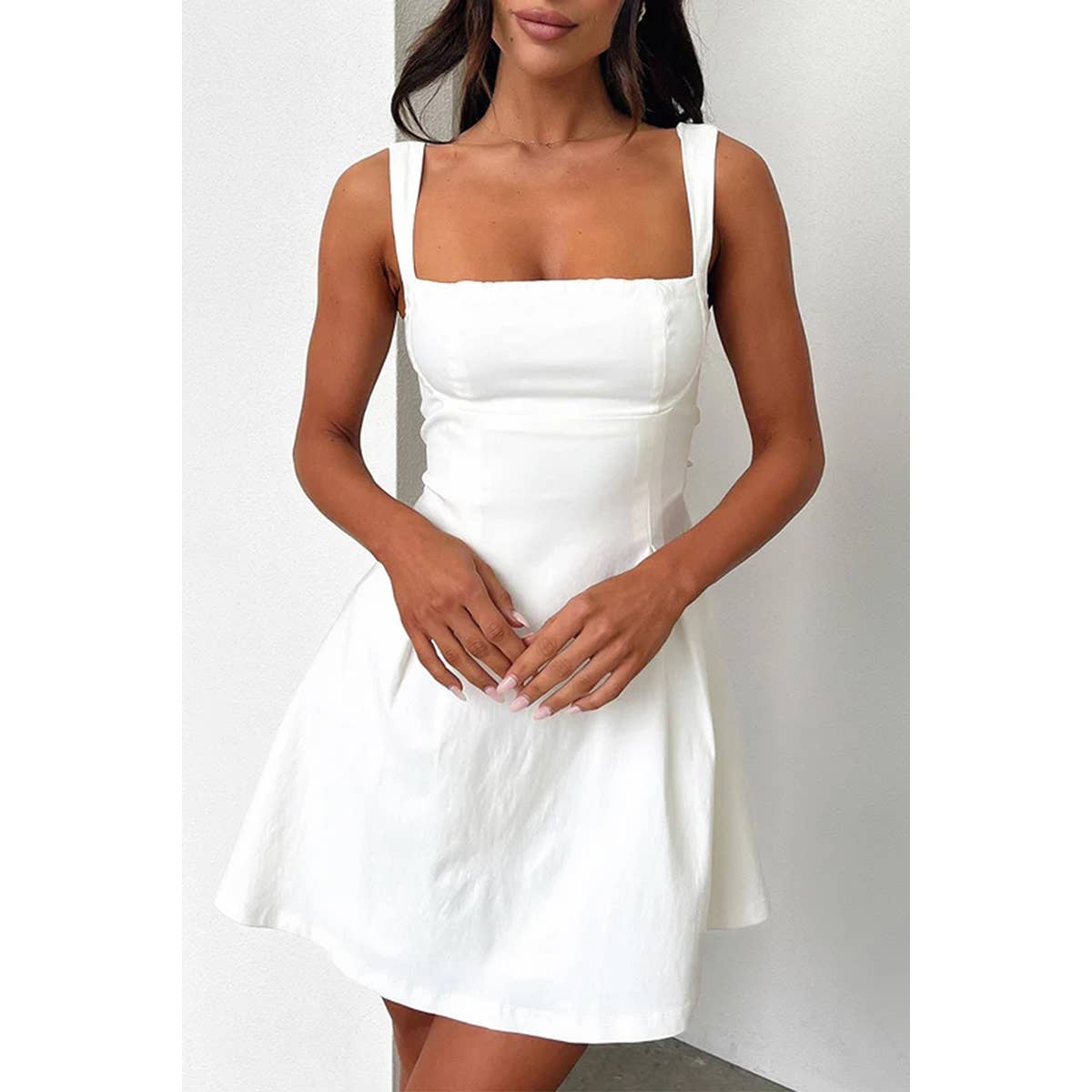 Solid Square Neck Fit Sleeveless Short Dress: WHITE / M