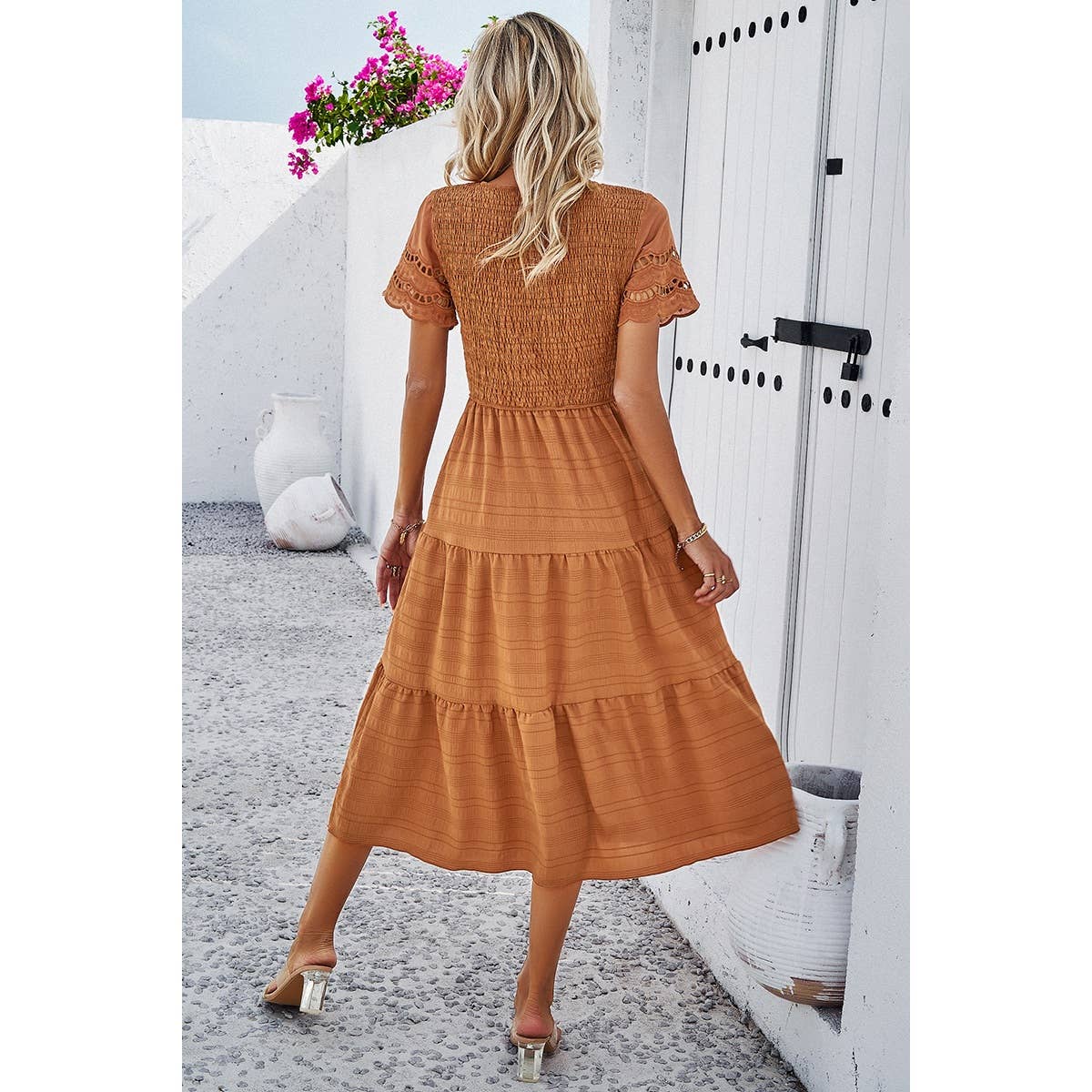 Lace Round Neck Ruched Fit Ruffle Solid Dress: WHITE / XL