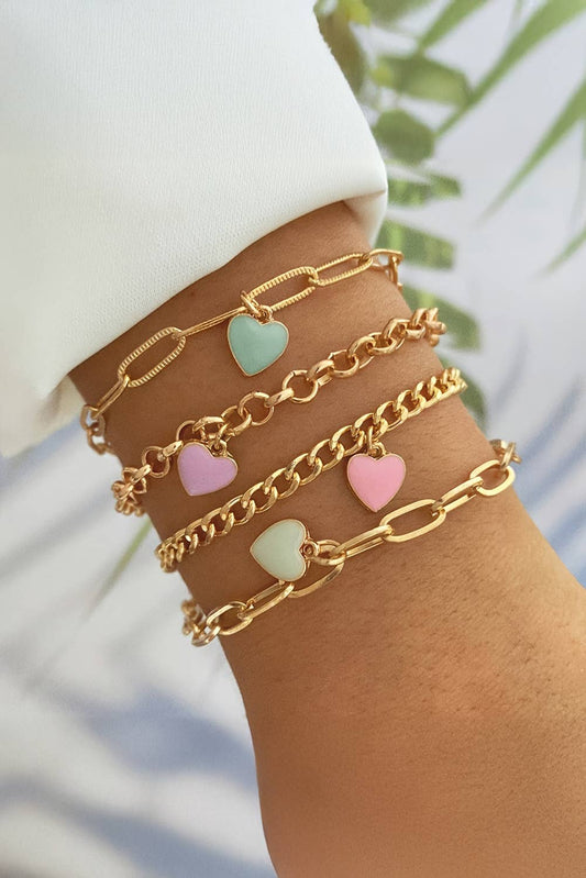 LDC Heart Charm Multi Layer Adjustable Chain Bracelet: Gold