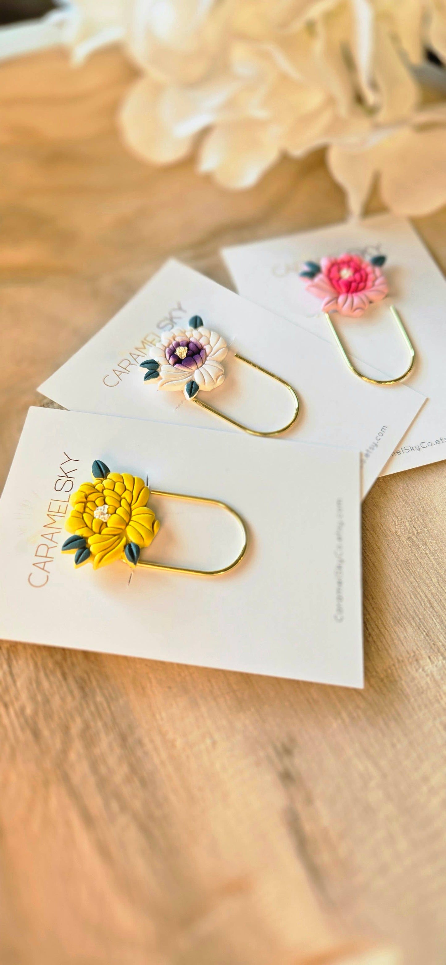 Handmade Peony Flower Paperclip Bookmark, Clay Bookmark: Yellow