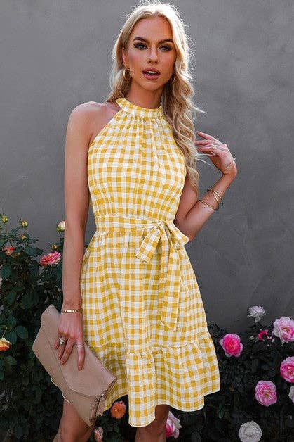 Plaid Key Hole Back Halter Sleeveless Dress: KHAKI / S