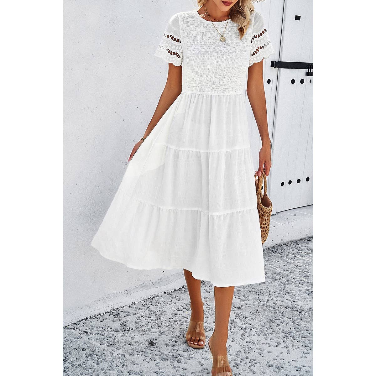 Lace Round Neck Ruched Fit Ruffle Solid Dress: WHITE / XL
