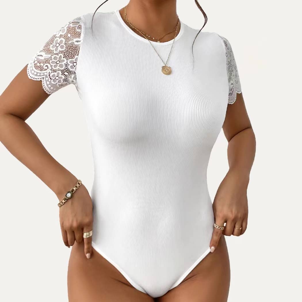 Ribbed Knit Round Neck Tie-Back Short Sleeve Bodysuit: Black / XL