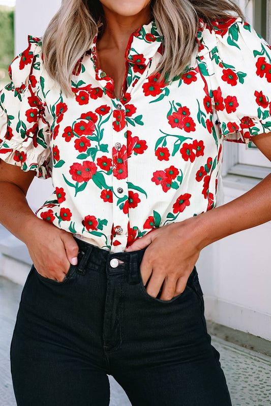 LDC Floral Print Ruffled Puff Sleeve Button-up Shirt: Red / L