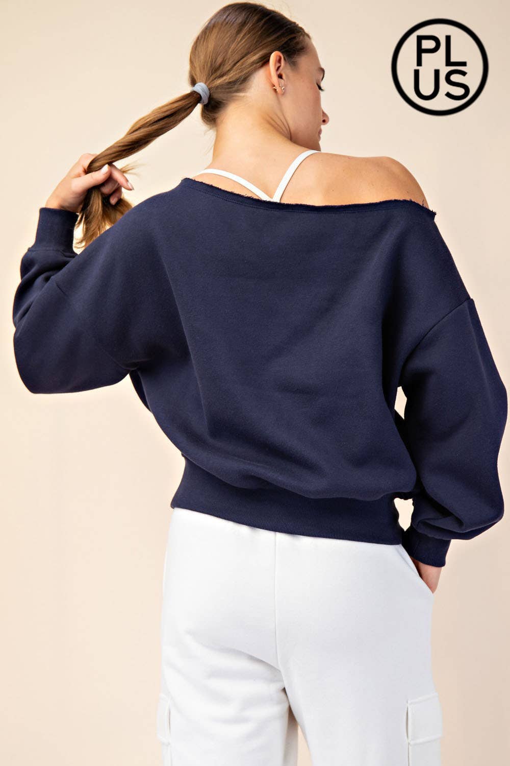 PLUS SIZE FRENCH TERRY FLEECE OFF SHOULDER SWEATSHIRT: Eucalyptus / 1X-2X-3X(3-2-1)