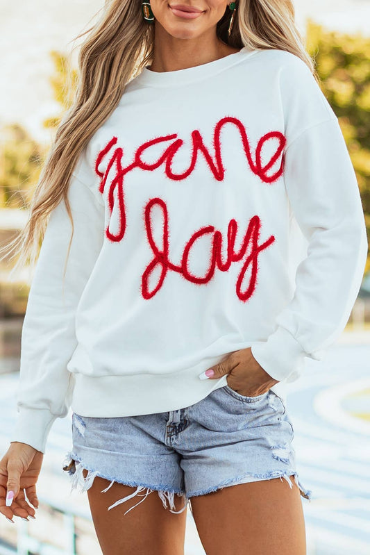 LDC Fall Clothing Game Day Drop Shoulder Graphic Sweatshirt: White / Plus-1X