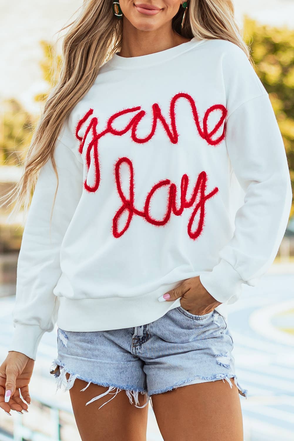 LDC Fall Clothing Game Day Drop Shoulder Graphic Sweatshirt: White / XL