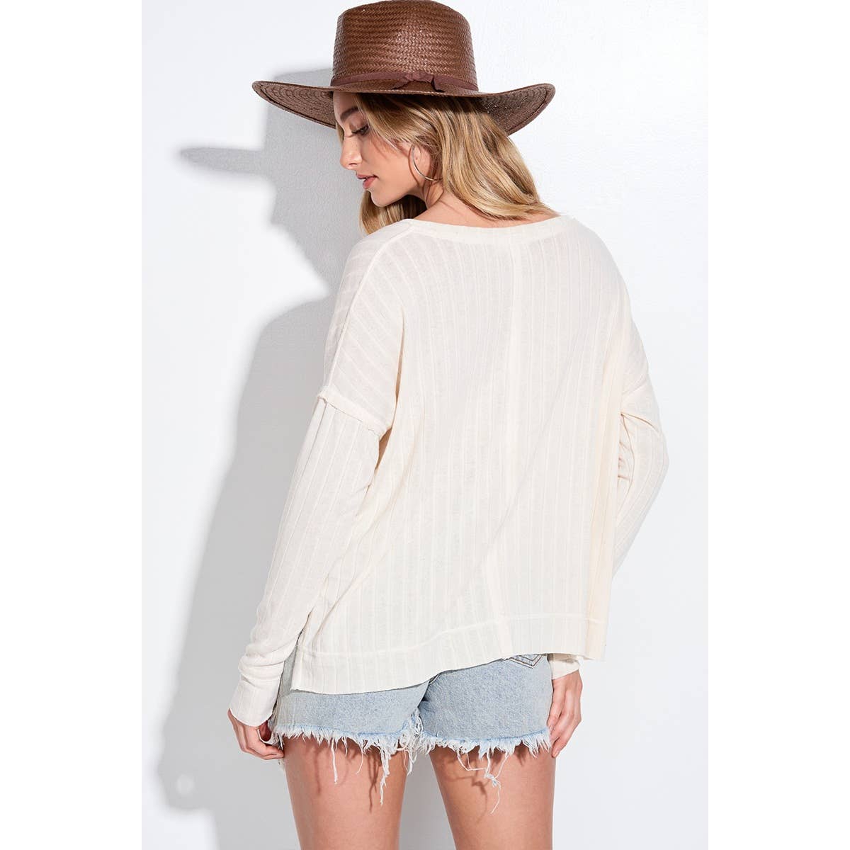 Holiday champagne bottle v neck long sleeve top: Butter / L