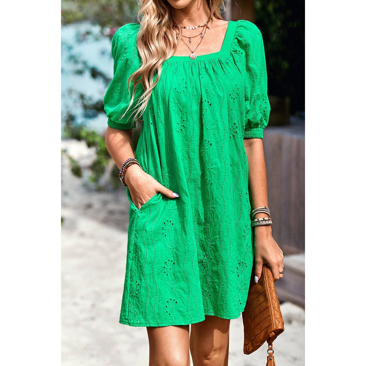 Square Neck Short Bubble Sleeve Babydoll Dress: WHITE / XL