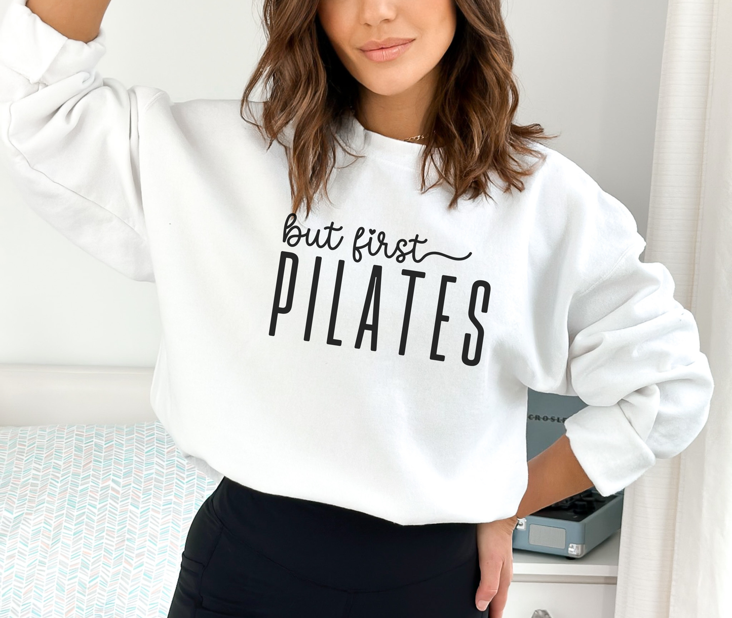 But First Pilates Crewneck Sweatshirt | Pilates Apparel: Light pink / S